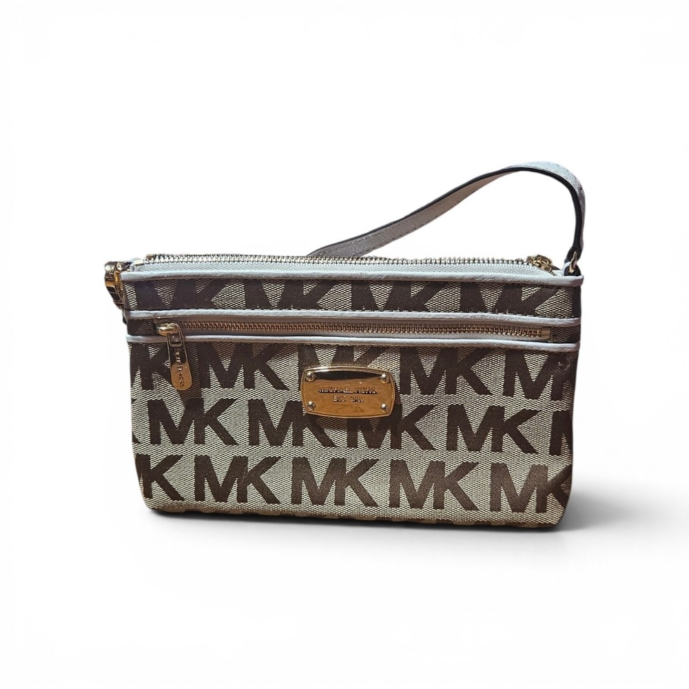 Michael Kors Fulton MK Signature Monogram Wristlet Beige Brown Canvas Gold Tone